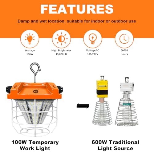NS LED Temporary Work Light 100W 15000LM 5000K Daylight White, Portable Hanging Construction Light with Hook, Linkable High Bay Job Site Lighting, IP65 Waterproof for Indoor Outdoor Workshop Area - Image 5