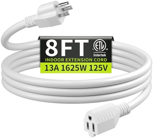 16/3 White Extension Cord 8 FT Indoor, Short Extension Cord by Seeklyze