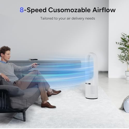 Tower Fan, 31.5Inch Cooling Bladeless Fan with HEPA Filter 99.97%, 2 IN 1 Floor Fan Combo 80° Oscillating with Remote, 8H Timer, 8 Speeds for Indoor, Bedroom, Home Office Room - Image 2
