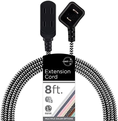 Cordinate Designer 3-Outlet Extension Cord, 2 Prong Power Strip, Extra Long 8 Ft Cable with Flat Plug, Braided Chevron Fabric Cord, Slide-to-Lock Safety Outlets, Black/White, 39984 by Cordinate