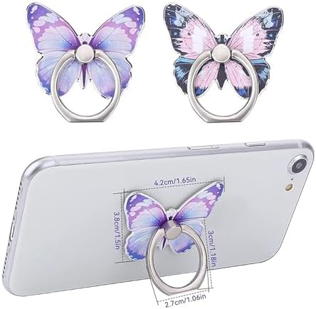 2 Pcs Butterfly Cell Phone Ring Stand Holder, Cute Butterfly Design Finger 360° Rotating Metal Hand Phone Stand Holder, with Adjustable Knob Loop (Purple, Blue) - Image 2