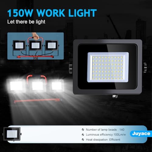 Juyace 2 Pack 150W LED Work Light with Tripod Stand,Dual Head Flood Light - Image 6