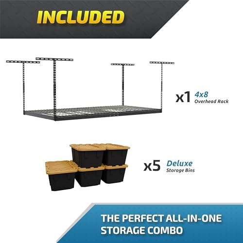 MonsterRAX 4x8 Overhead Garage Rack and Bins Bundle | 4’ x 8’ Overhead Rack w/Storage Bins (Hammertone, 24"-45") - Image 2