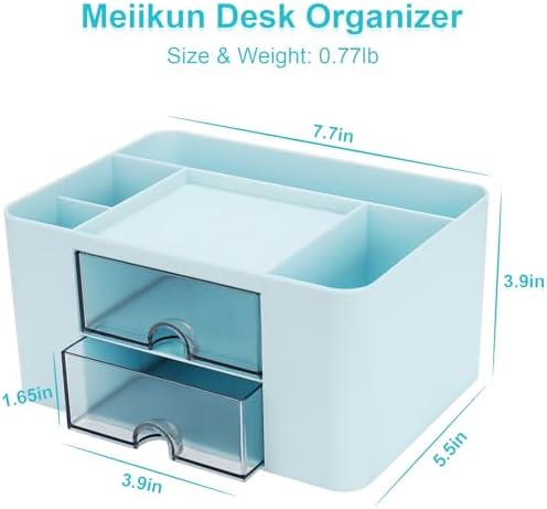 Meiikun Plastic Pen Organizer, Multifunctional Desk Organizer with 2 Drawers, 4 Compartments & a Top Tray, Pencil Holder Desktop Organizers and Accessories for Office, 7.7" x 5.5" x 3.9" (Blue) - Image 2