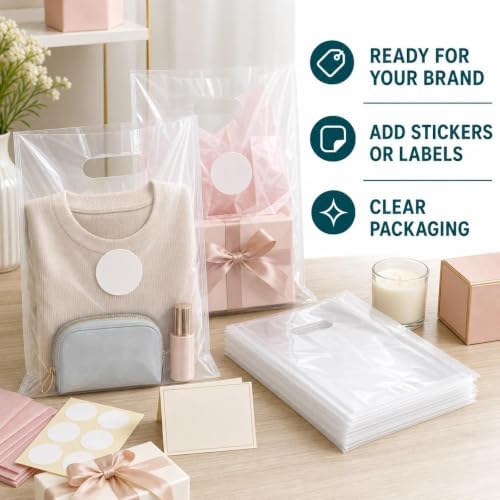 ysmile Plastic Shopping Bag with Handle for Store Retail Boutique Merchandise Die Cut Poly Goodie 100 ct 11.8"x15.8" 2.5 Mil - Clear - Image 4