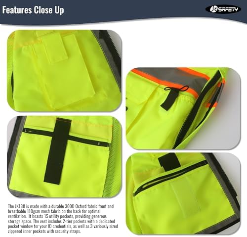 JKSafety Hi-Vis Unisex Surveyor Safety Vest Heavy Duty PPE Inner Pockets ANSI/ISEA Compliant - Image 3