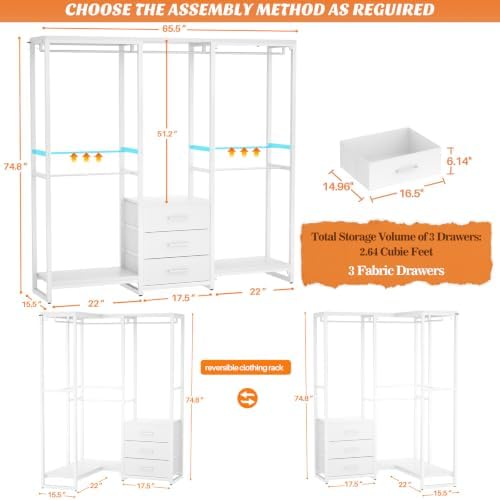 Aheaplus Garment Rack Heavy Duty Clothes Rack for Hanging Clothes,Clothing Rack with Drawers, Wood Stoarge Shelf Freestanding Closet Wardrobe Rack, Corner L Shaped Closet System Organizers, W3,White - Image 3