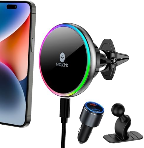 for Magsafe Car Mount Charger 15W LED RGB Car Phone Holder for Dash Vent by MOKPR