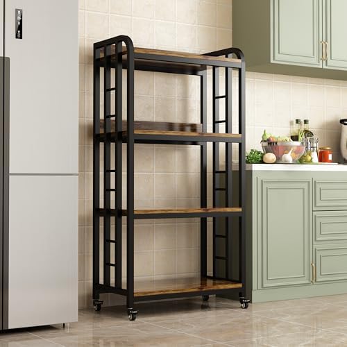 4-Tier Kitchen Baker's Rack with Rolling Wheels, Microwave Oven Cart Stand, Adjustable Utility Shelving Storage Unit, Heavy Duty Organizer Rack for Living Room, Garage, Home and Office(Brown) - Image 4