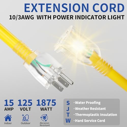 3FT Outdoor/Indoor 10/3 Extension Cord with Lighted, Yellow - Image 2