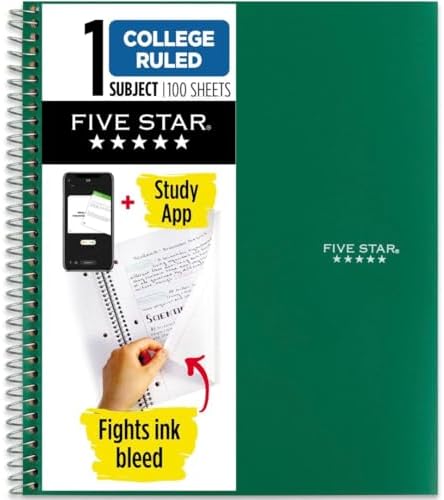 Five Star Spiral Notebook Plus Study App, 1 Subject, College Ruled Paper, 100 Sheets, 8-1/2" x 11", School, Black (72057) (Pack of 12) by FiveStar