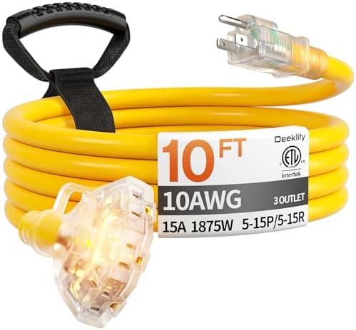 10FT 10 Gauge Extension Cord with Multiple Outlets Outdoor Yellow by Deeklify