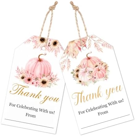 Pink Pumpkin Fall Gift Tags with String, 50PCS Thanksgiving Hanging Tags for Gift Wrapping, Autumn Harvest Thank You Labels for Friendsgiving, Party Favors, Bakery Packaging, DIY Crafts - A05 by Yhtmbf