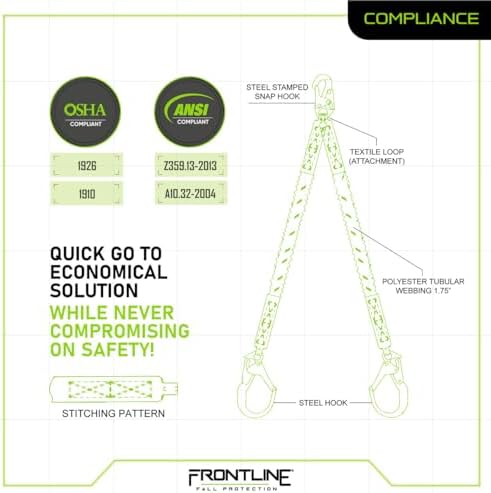 Frontline LIS62R Double Shock Absorbing 6' Lanyard | Twin Leg Lanyard 1 Snap Hook and 2 Rebar Hook Ends | ANSI & OSHA Compliant Fall Protection | 6000 lbs. Min. Breaking Strength - Image 5