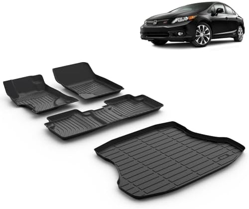 Floor Mats & Cargo Liner for 2015 2014 2013 2012 Civic & Civic Si Only Sedan (Not Coupe) All Weather Car Mats Cargo Mat Floor Liners Trunk Mat Civic Trunk Liner by VOUKIY