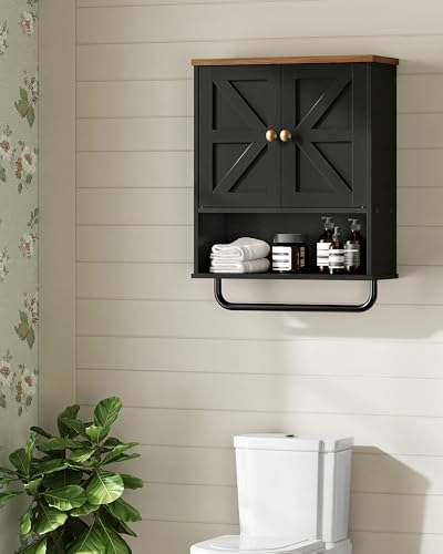 CHOEZON Bathroom Wall Cabinet, Medicine Cabinet with Open Partition and Towel Bar, Rustic Storage Cabinet with Open and Hidden Storage Space, for Bathroom, Living Room, Kitchen, Black and Walnut - Image 5