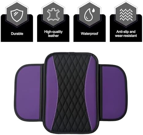 Car Center Console Cover, Patchwork Leather Center Console Covers for Cars, Waterproof Comfortable Car Armrest Seat Box Cover Protector, with 2 Side Storage Bag, Universal for Cars (Purple) - Image 6