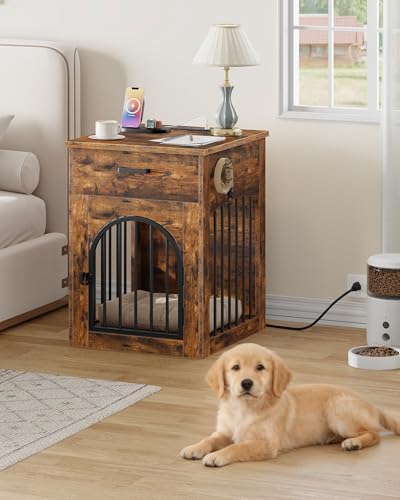 CHOEZON Dog Crate Furniture, Wooden Dog Kennel with Charging Station and Storage Drawer, Indoor Pet Crate End Table for Small Breeds, Dog Cage Furniture for Living Room, Bedroom, Rustic Brown MGW01UFG - Image 2