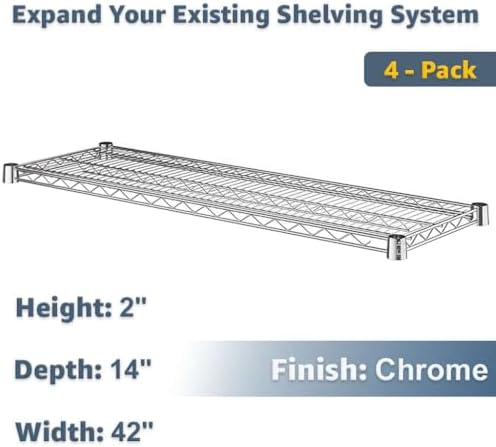 Pantry Organizer NSF 14"x42" Chrome Wire Shelves 4-Pack | Metal Storage Rack Add-On Unit Shelf - Image 2