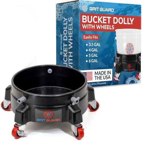 GRIT GUARD Bucket Dolly with Wheels - Rolling Detailing Wash Bucket with 5 Wheels and 2 Locking Casters Compatible with 2.5, 4, 5 and 6 Gallon Buckets (Black, 2" Red Casters) - Made in the USA by GritGuardInc