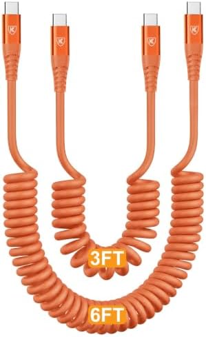 USB C to C Cable [3FT+6FT], Coiled USB C Fast Charging Cable for CarPlay by KIYODA