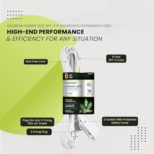 GoGreen Power Inc. (G-24706-5) 16/2 6' Household Extension Cord, 3 Outlets, White, 6ft, 5 Pack - Image 5