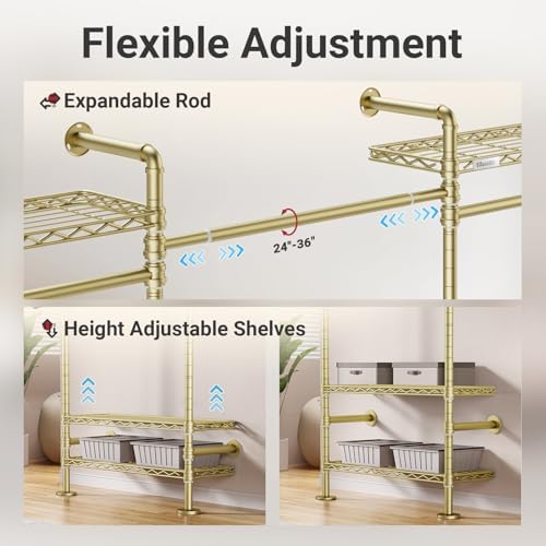 Timate L3 L Shape Gold Heavy Duty Clothes Rack, Industrial Pipe Wall Mounted, Adjustable 6 Shelves, 5 Closet Rods, Space Saving - Image 5