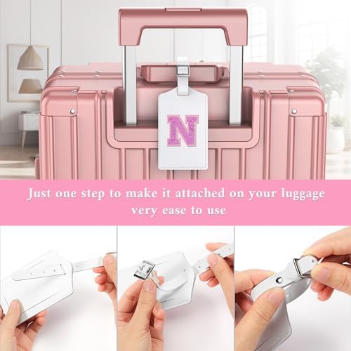 Sodsay 2 PCS Initial Luggage Tag, Luggage Tags for Suitcases Cute Sequin Letter PU Leather Travel Bag Baggage Tags Privacy Cover ID Label for Women Kids Teens Men(N, White Leather+Hot Pink Letter) - Image 5