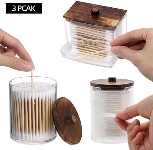Tbestmax 4 Pack Qtip Holder Dispenser, 10/7oz Bathroom Container for Cotton Ball Cotton Swabs Pads, Apothecary Jar with Wood Lids for Organizer and Storage (Brown) - Image 3