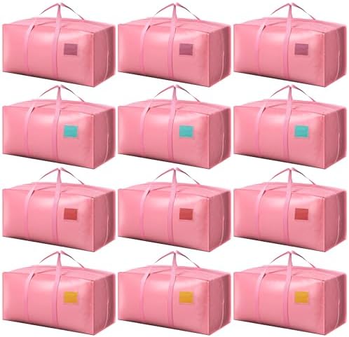 12 Pack Moving Bags with Full-Open Side Zipper, Extra Large 93L Heavy Duty Waterproof Foldable Storage Totes for College Dorm, Moving & Home Organization Pink by RMOHRO