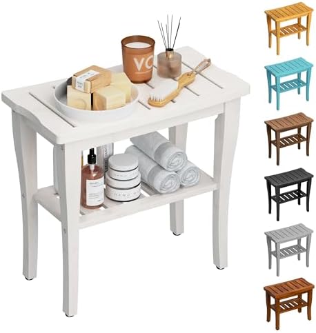 Bamboo Shower Bench Stool with Storage Shelf, Waterproof Shower Chair Spa Bath Seat, Shower Stool for Inside, Bathroom Bench Seat for Adults Elderly Seniors for Indoor or Outdoor Use(White) by oridom