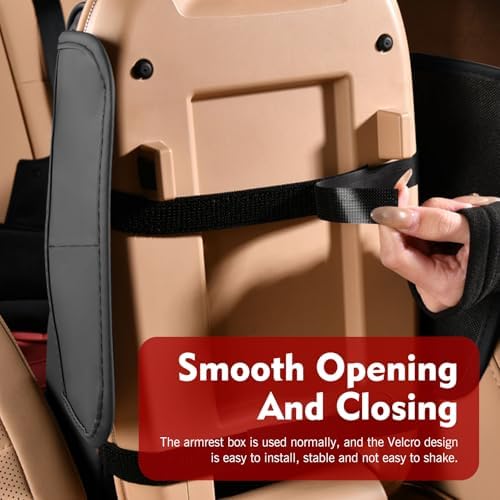 Car Center Console Cover, Waterproof Leather Multifunctional Armrest Booster Pillow with 2 Storage Bags Cup Holder, Tissue Box Slot, Universal for Most Cars with Pack of Tissues (Black & Red) - Image 5
