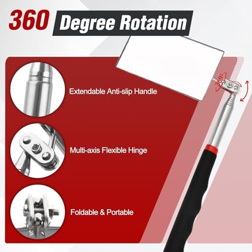 Telescoping Auto Inspection Mirror, 360° Swivel Mechanic Mirror Tool with Long Handle, Rectangular Round Extendable Mirror on a Stick for Technicians, Car Repair, Contractors, Home Inspection - Image 3