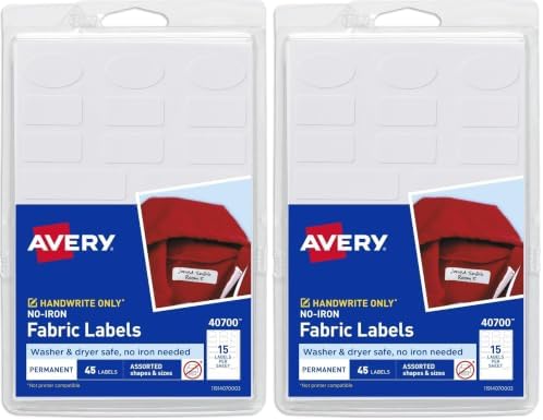 Avery No-Iron Fabric Labels, Assorted Shapes and Sizes, Washer and Dryer-Safe Waterproof Labels, Non-Printable, 45 Count (40700), (Pack of 2) by Avery