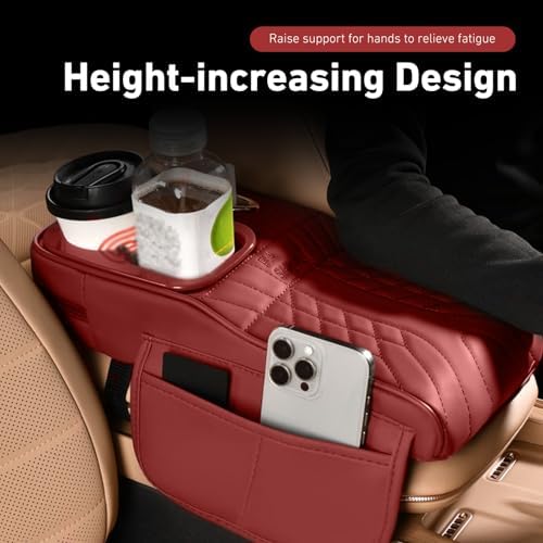 Car Center Console Booster Cover, Multifunctional Car Interior Arm Rest Box Storage Cushion with Cup Holder, Tissue Box, Side Pockets, Leather Memory Foam Armrest Pillow Protection (Red) - Image 7