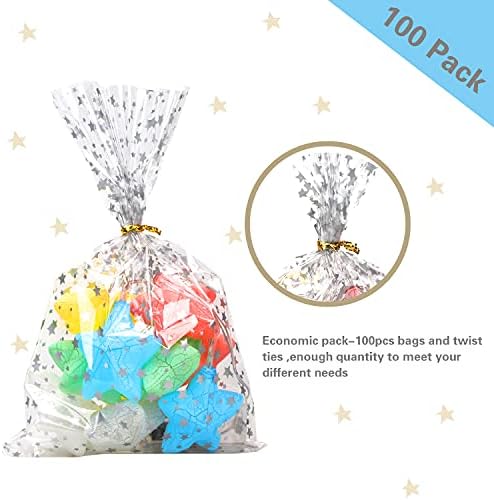 100 Pcs Star Printed 8"X 12" Gift Wrap Cello Cellophane Treat Bags Party Favor bags Clear Candy Cookie Bags Plastic Poly Goodie Storage Bags with Twist Ties for Bakery,Birthday, Wedding ,Party Decorations (Silver) - Image 3