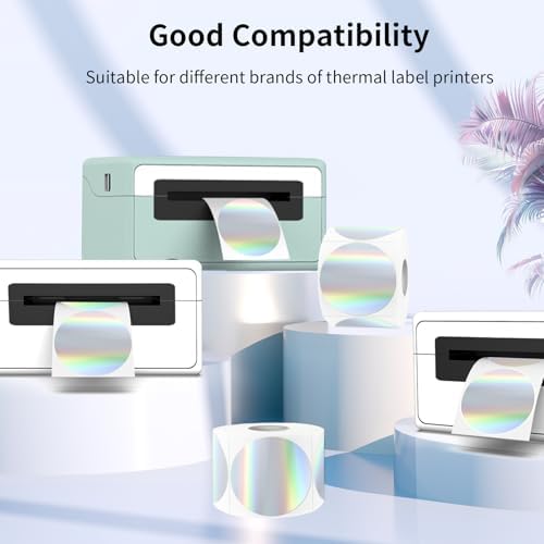 2" Circle Holographic Thermal Label Stickers, Round Printable Rainbow Glitter Thermal Printer Sticker Labels for Gift Wrapping, Self-Adhesive DIY Custom Logo Design- Silver (300Pcs/Roll) - Image 3