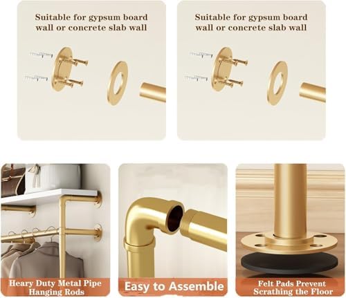 HOMEKAYT Industrial Pipe Clothes Rack with Shelves, Gold Clothing Rack Wall Mounted Heavy Duty Multi-Purpose Storage Clothes Hanging Shelf - 70.8''L Gold - Image 5