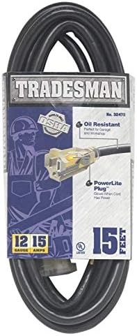 Woods Heavy Duty Extension Cord - 12/3 Gauge - Oil Resistant SJTOW Jacket - Black Cord - Indoor/Outdoor Use - UL Listed - Durable Garage & Workshop Cord - 15 Foot Length by Woods
