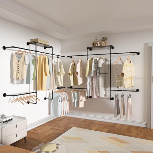 Merapi Industrial Pipe Clothing Rack, Wall Mounted Heavy Duty Garment Rack with Wood Shelf, Double Hanging Rod Vintage Organizer for Walk-in Closet, Laundry Room & Retail Store Display (Black) - Image 3