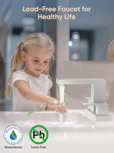 Cobbe Bathroom Faucets for Sink 3 Hole, Brushed Nickel Bathroom Sink Faucet Square 4 Inch Centerset with Pop-Up Drain, 2 Handle and 2 Supply Hoses, Lead-Free Stainless Steel for Vanity, Rv, Farmhouse - Image 3