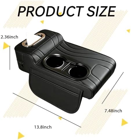 Car Armrest Cover, Embroidered Leather Car Armrest Cushion 4-in-1 Center Console Organizer with Dual Cup Holders, Tissue Box, 2 Side Storage Pockets & Card Slot, Universal for Most Cars (Black) - Image 2