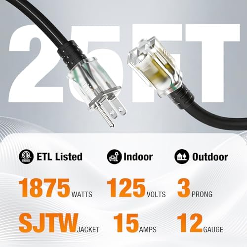12/3 Gauge Outdoor Extension Cord 25 FT Heavy Duty Waterproof Black - Image 2