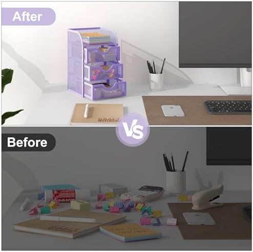 EasyPAG Mesh Desk Organizer with 3 Drawer Office Desktop Organizers and Accessories Stationery Caddy for Office, Home, Students, Purple - Image 4