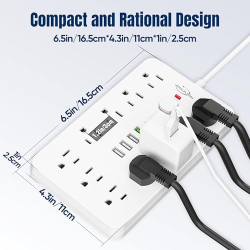 6 FT Flat Plug Surge Protector Power Strip,11 AC Outlets with 6 USB Ports - Image 6