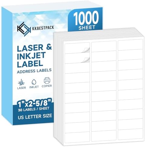 KKBESTPACK 30 Up Shipping Address Labels – 1” x 2-5/8” Self-Adhesive Barcode FNSKU Stickers for Inkjet and Laser Printer (1000 Sheets / 30000 Labels) by KKBESTPACK