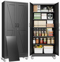74" Metal Garage Storage Locker Cabinet with Wheels,Rolling White Farmhouse Kitchen Pantry Cabinet with 2 Doors and 5 Adjustable Shelves, Steel File Tool Cabinet for Home Office Warehouse by BAOLIWO
