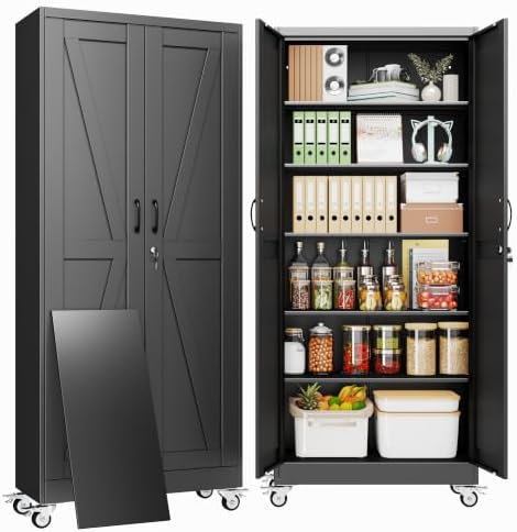 74" Metal Garage Storage Locker Cabinet with Wheels,Rolling White Farmhouse Kitchen Pantry Cabinet with 2 Doors and 5 Adjustable Shelves, Steel File Tool Cabinet for Home Office Warehouse by BAOLIWO