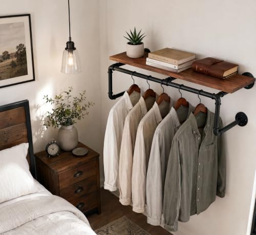 58 Inch Industrial Pipe Wall Clothing Rack with Shelves, Solid Wood, Black by BAOGELIYA
