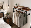 58 Inch Industrial Pipe Wall Clothing Rack with Shelves, Solid Wood, Black by BAOGELIYA